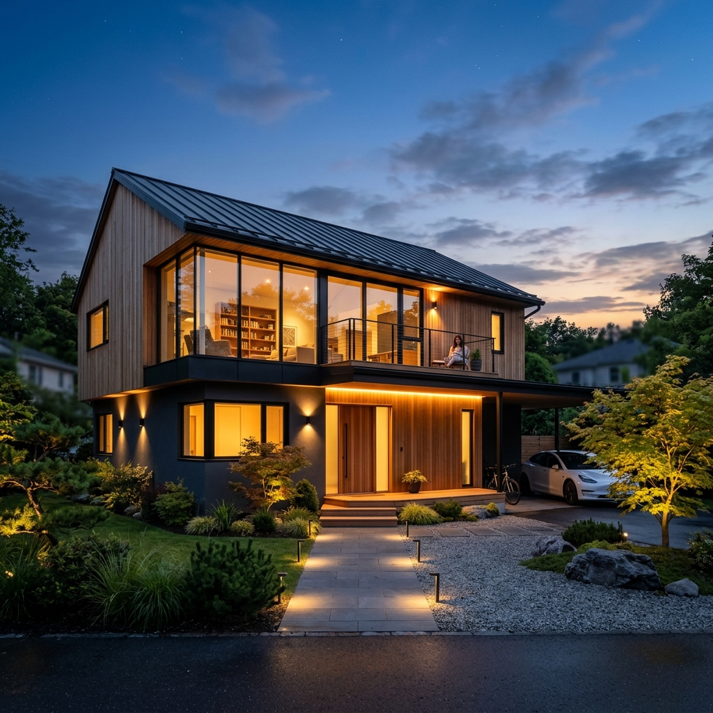 街並みに溶け込む夕景の美しい家